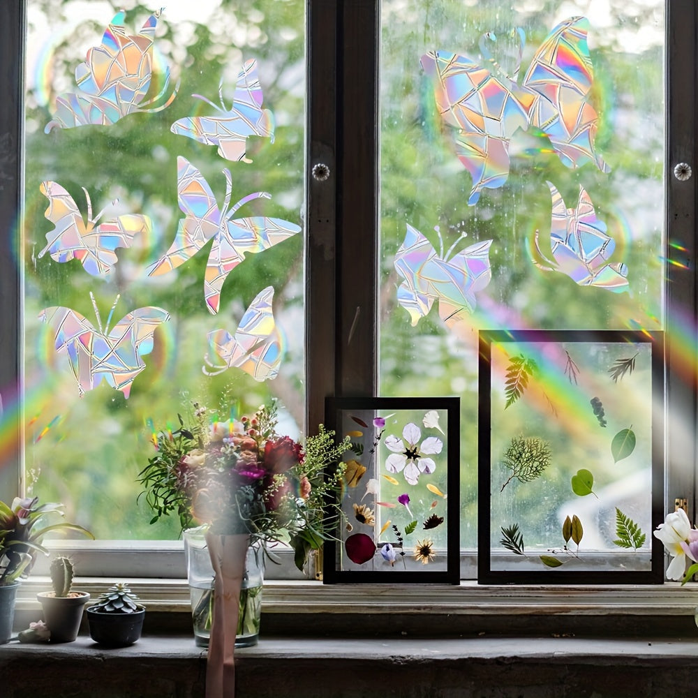 Window clings featuring classic stripes and butterfly design. Made with 2mil thickness for durability. Ideal for single use and easy static adsorption on glass surfaces. Perfect for decorating sun catchers, bedroom balcony doors, and windows.