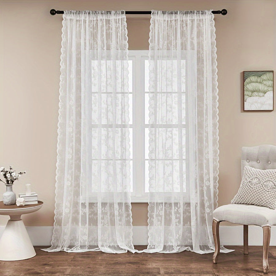 White Lace Sheer Curtain with Floral Design - UV Protection, Rod Pocket Window Treatment for Living Room & Bedroom Decor - 1 Piece