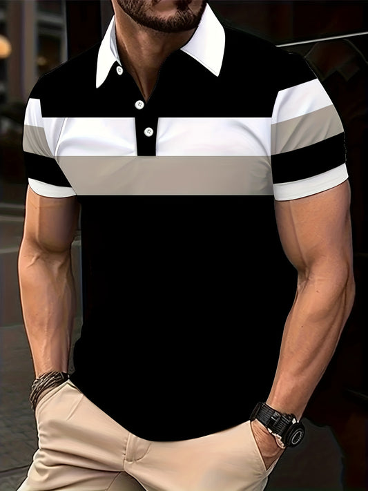 Men's casual oversized short sleeve polo shirt with fashionable patchwork lines design, made of 95% polyester and 5% spandex for a slight stretch, regular fit, suitable for all seasons, and