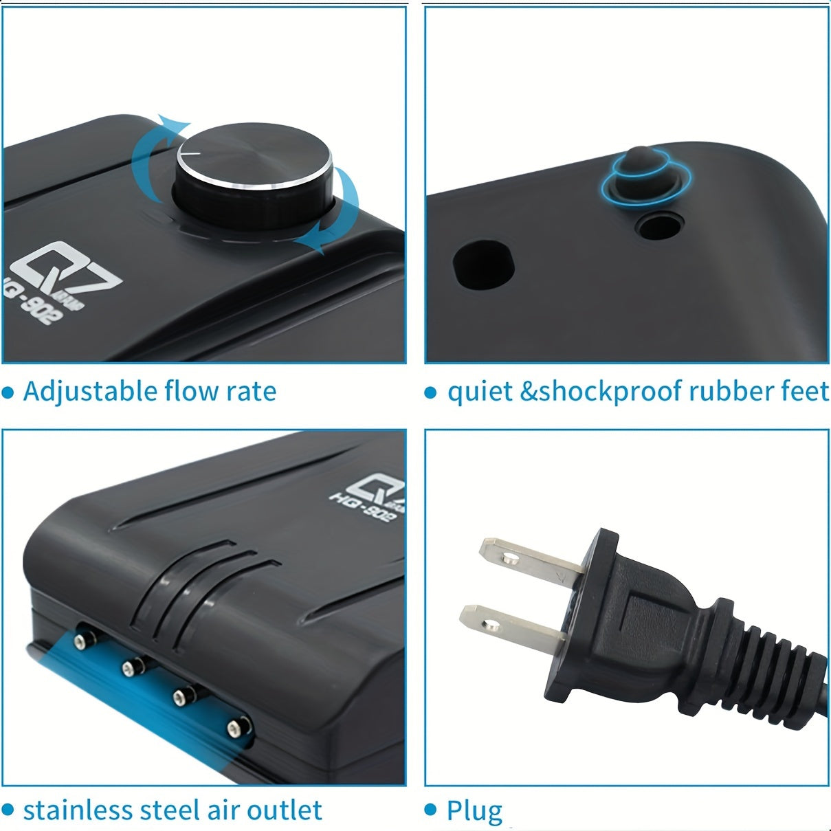 Quiet fish tank air pump with 4 outlets for aquariums up to 400 gallons, no battery needed.