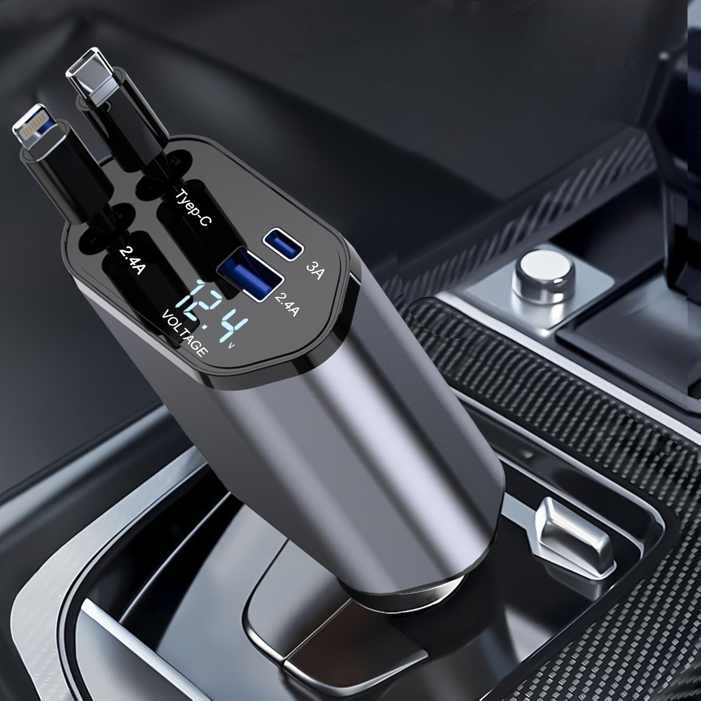 Fast car charger with 4-in-1 capability, extendable cable, USB and Type-C ports. Compatible with most phone models. Features adjustable plug and tangle-free design, ideal for dashboard