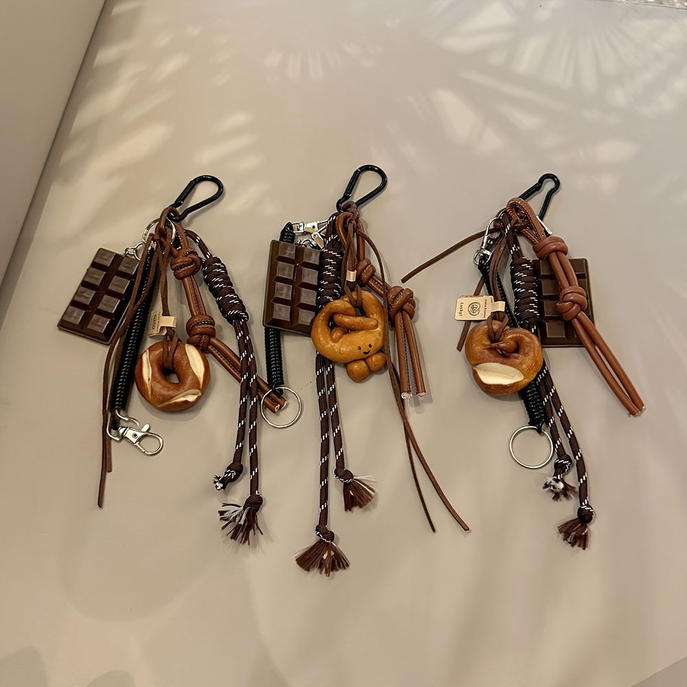 Rock-inspired Sports Faux Leather Keychain featuring Chocolate, Pretzel, and Donuts Charms, Yarn Rope, and Tassel - Unique Trendy Accessory for Bags and Backpacks