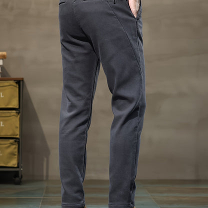 Men's slim fit casual pants made of trendy cotton blend with zipper design, suitable for all seasons.