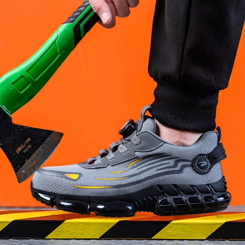 Rotating button safety work shoes for men: impact & puncture resistant, anti-slip, wear-resistant, fabric upper, round toe, comfortable lace-up closure.