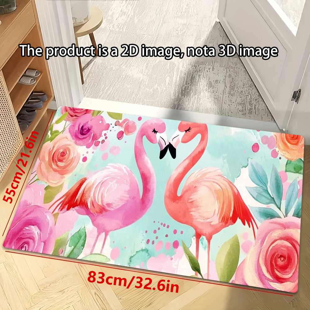 1 Piece Vibrant Flamingo & Floral Design Anti-Slip Floor Mat - Made of 100% Polyester, Machine Washable & Highly Absorbent - Perfect for Use in Kitchens, Laundry Rooms, and Living Areas - Washable Area Rug