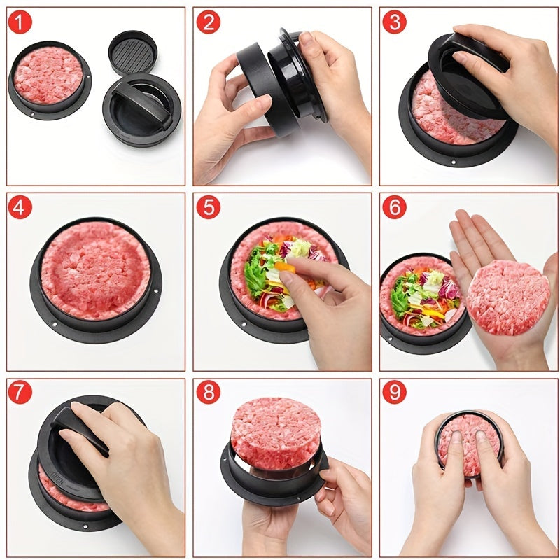 Get ready for the ultimate burger-making experience with the 1pc 3in1 Burger Press! This innovative tool combines a patty press, cheeseburger press, and creative burger press all in one. The non-stick surface makes it easy to create perfect burgers every