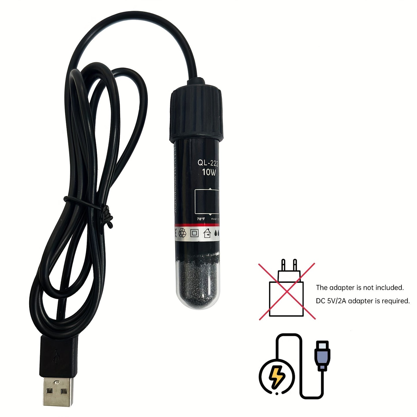 AquaHeat 10W USB Submersible Fish Tank Heater for small tanks, no battery needed.