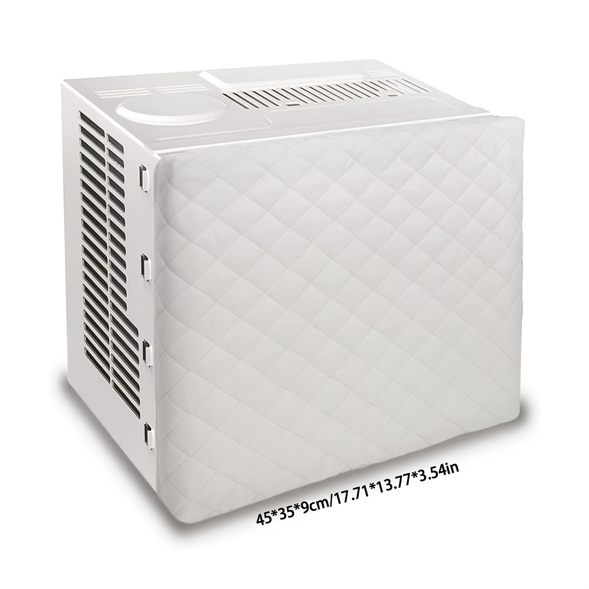 Quilted air conditioner dust cover with fitted elastic for indoor heat insulation. Made of polyurethane and polypropylene materials, no power supply required.