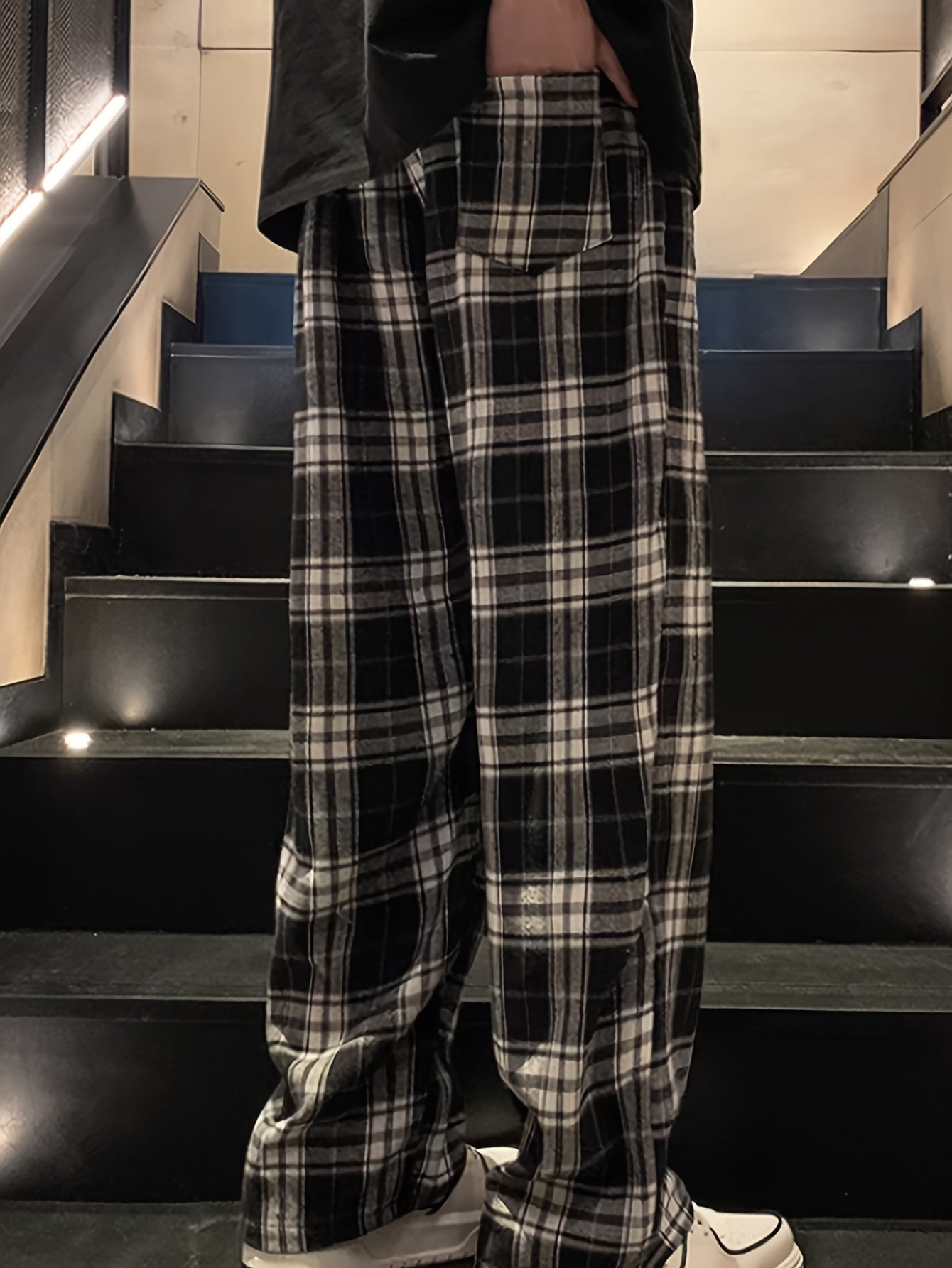 Men's casual plaid long pants with drawstring for casual wear.