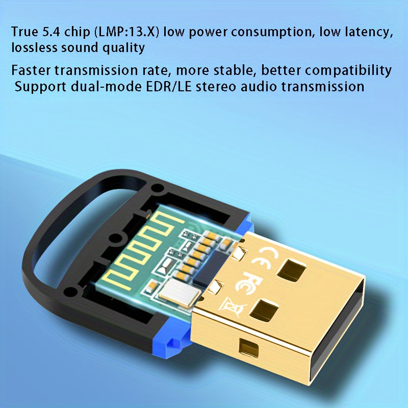 USB BT 5.4 wireless adapter for computers, headsets, keyboards, mice, and speakers. Plug and Play for Windows 11/10/8.1, backward compatible with previous versions. Instantly add Bluetooth