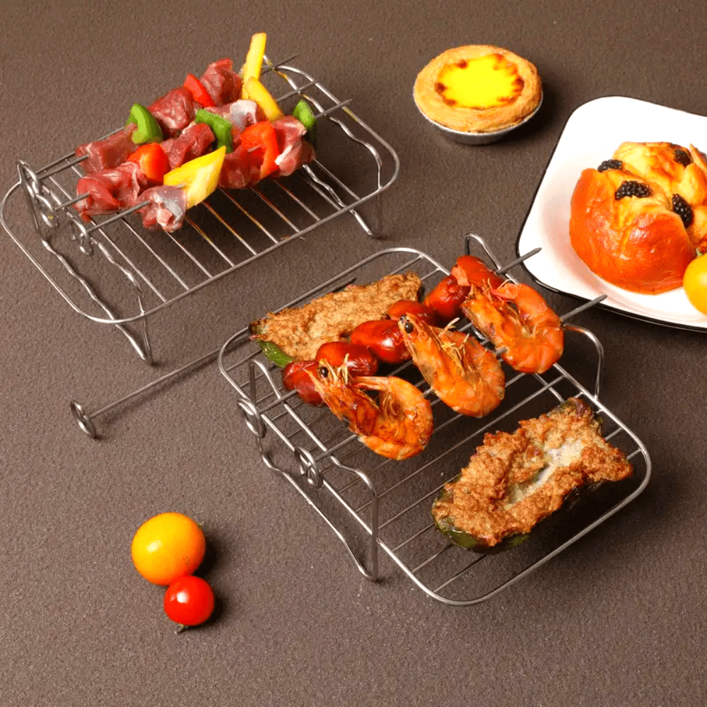 Stainless Steel Double-layer Steaming Rack with 4 Skewers, Single-layer Air Fryer Rack, Food Frying Basket, Air Fryer Basket, Steaming and Baking Rack with Skewers, Barbecue Air Fryer Accessories, Oven Microwave Baking Cooking Rack - 1 set/1 piece