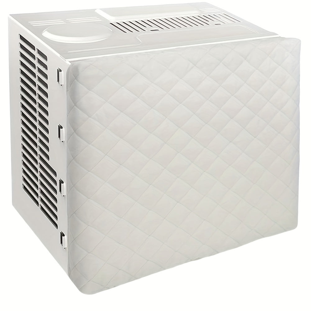 Quilted air conditioner dust cover with fitted elastic for indoor heat insulation. Made of polyurethane and polypropylene materials, no power supply required.