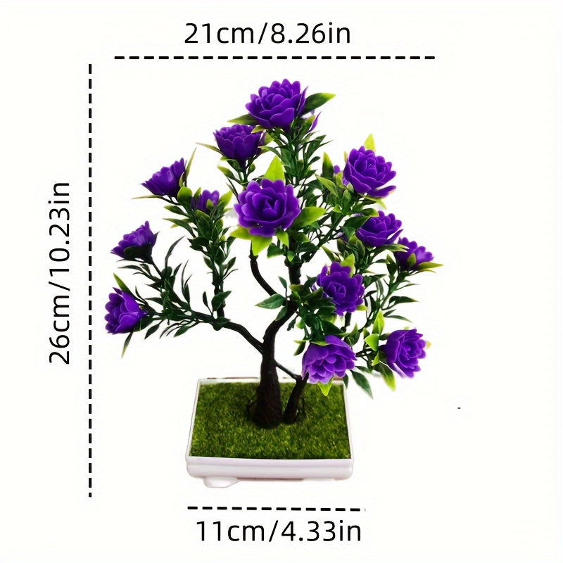 Artificial Bonsai Plant with Faux Rose Flowers in Plastic Pot for Home Decor.