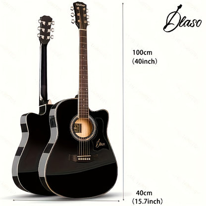 DLASO Beginner Acoustic Guitar 101.6cm with Rosewood Fingerboard, Spruce Top, Maple Neck, and Basswood Back & Sides. Includes bag, straps, pick, connecting line, and tuner.