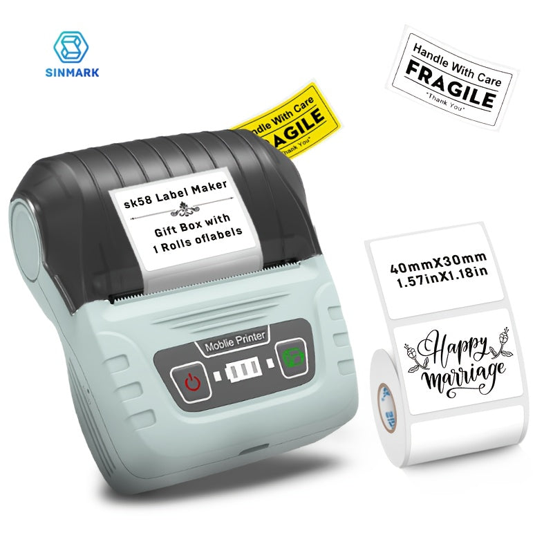 SINMARK Portable Thermal Label Maker Printer with 1 Roll Labels, USB Charging, Rechargeable Battery, Wireless.