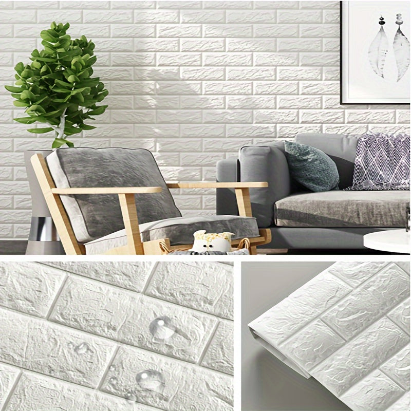 3D stereo brick stickers for indoor home decoration, available in quantities of 20, 50, or 100 pieces. Dimensions are 38.5×35cm/15.16×13.78in. PE foam material is waterproof and oilproof.