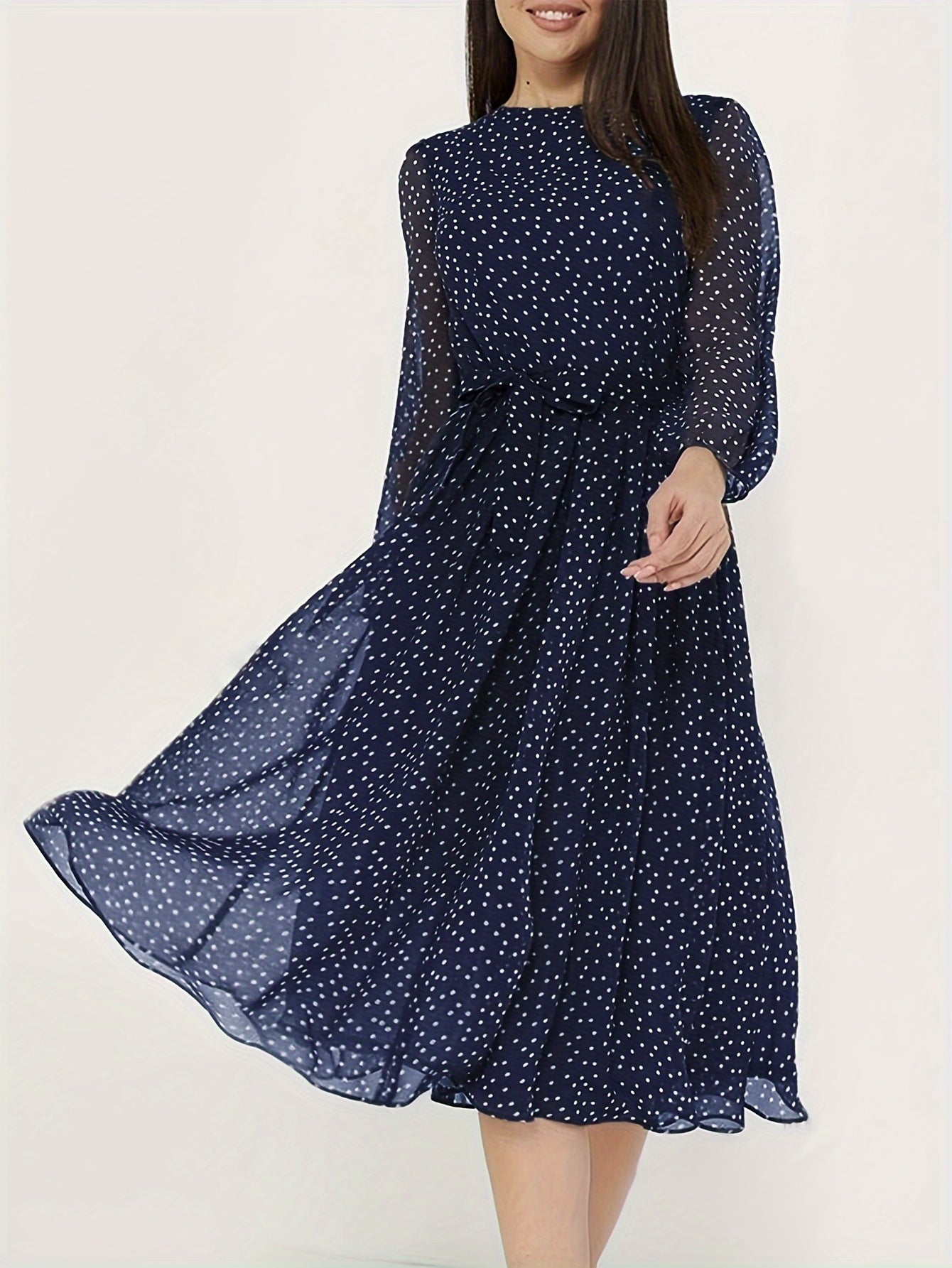 Stylish Polka Dot A-Line Dress with Tie Waist - Versatile for Spring/Summer/Fall