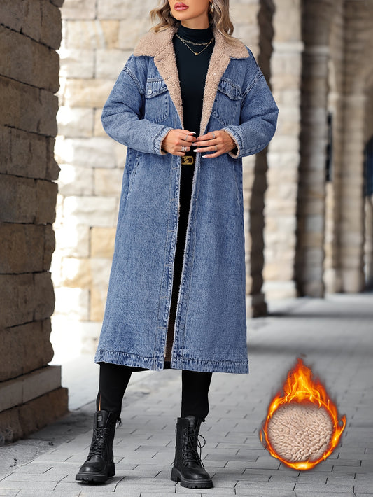 Morin Elegant Plus-Size Fleece-Lined Denim Jacket - Chic, Cozy Outerwear for Fall/Winter, Machine Washable, Soft Texture