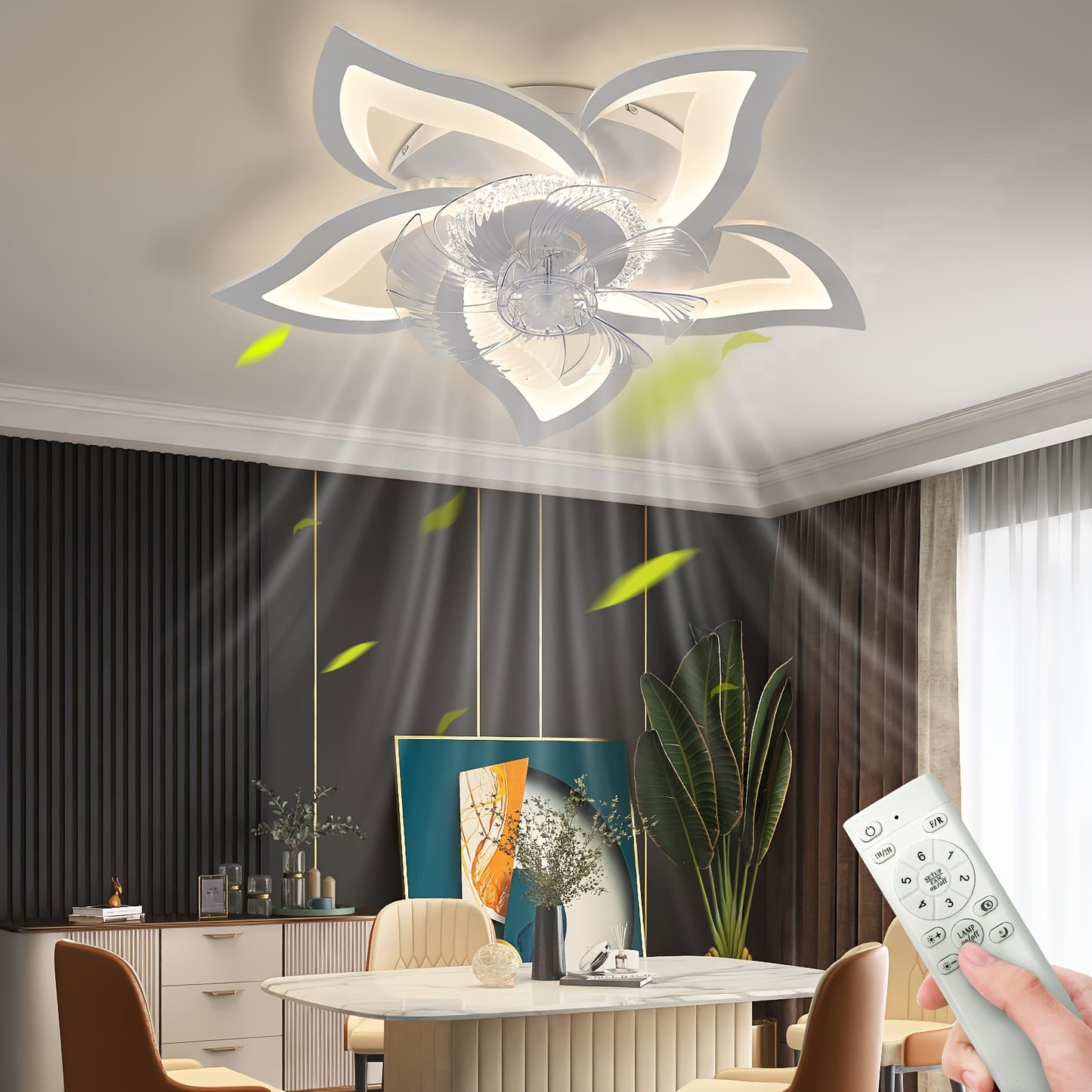 Sleek modern ceiling fan with smart LED light in flower design for any room, with 6 speeds, dimmable feature, remote control, and 3 color modes.