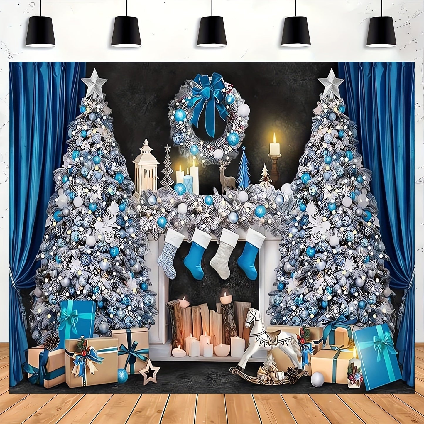 Retro Blue and White Christmas Mantelpiece Scene with Presents and Tree - Ideal for Photo Booths, Events & Decorating Your Home