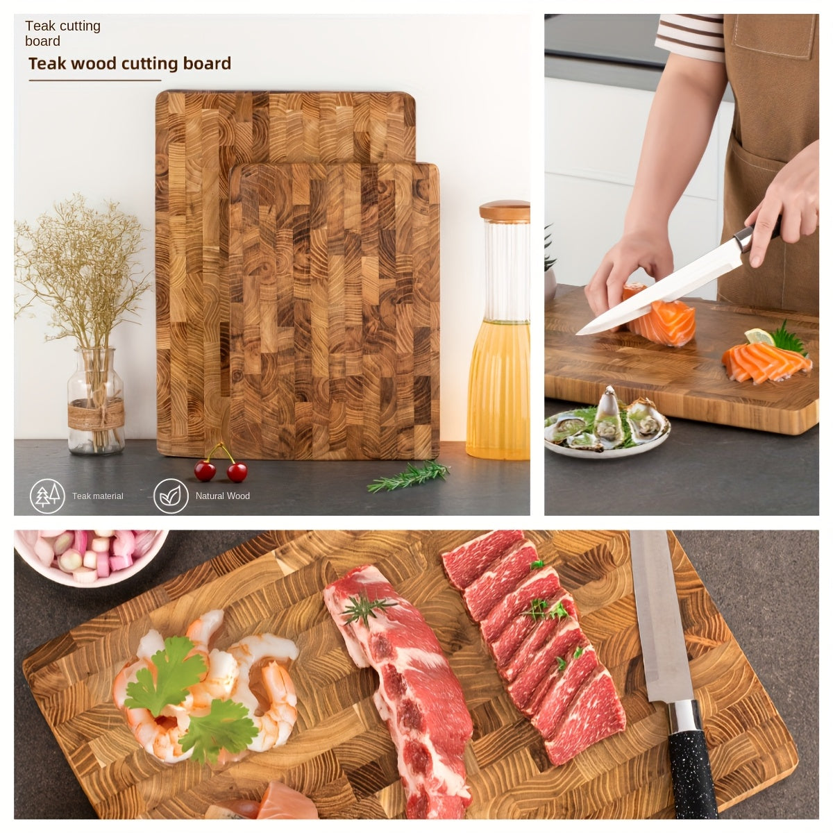 Durable Teak Wood End Grain Chopping Block, Safe for Food Preparation, Sturdy Butcher's Board, Handy Kitchen Essential, Perfect for Holiday Hosting.