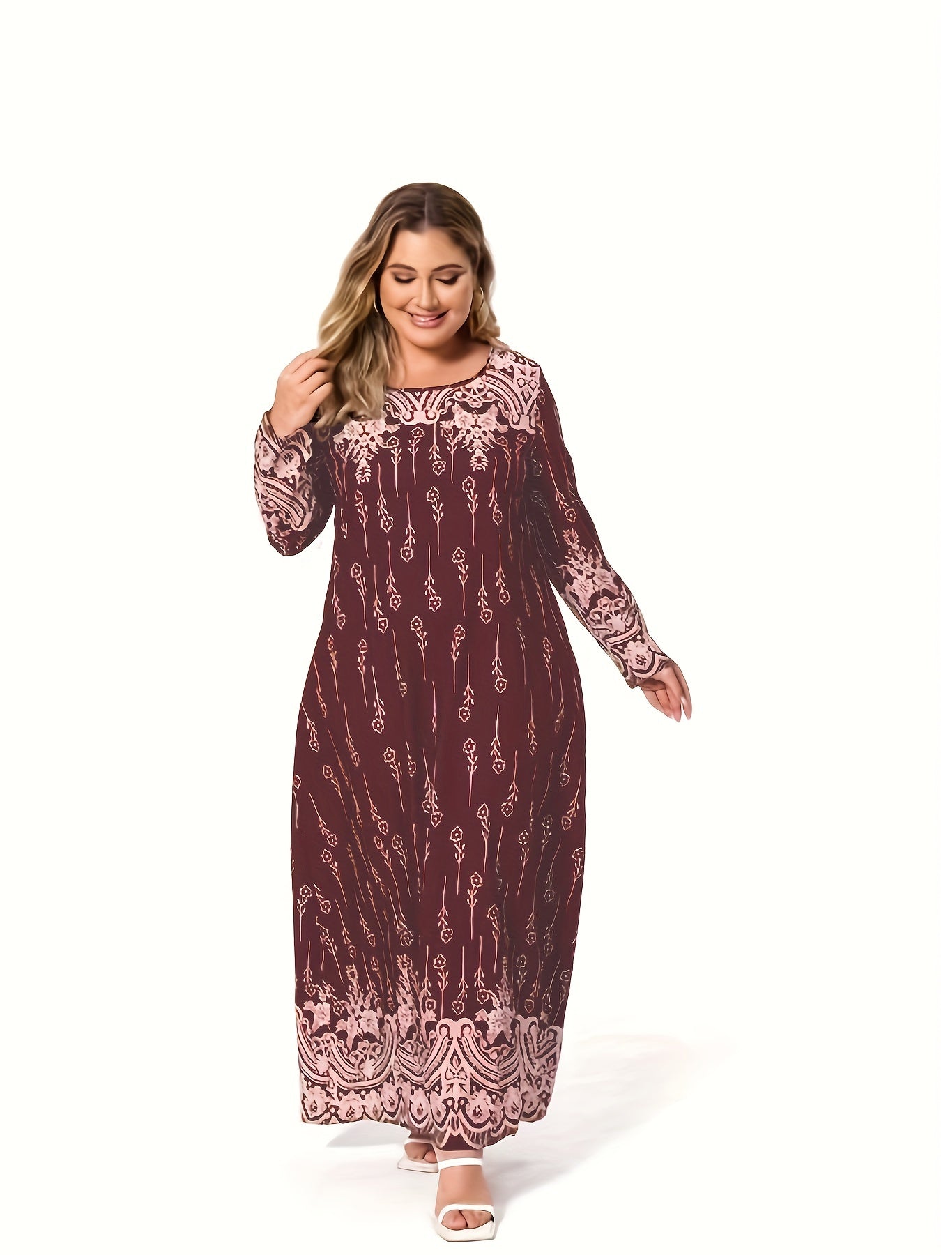 Plus size casual dress for Ramadan with floral print, long sleeves, and round neck.