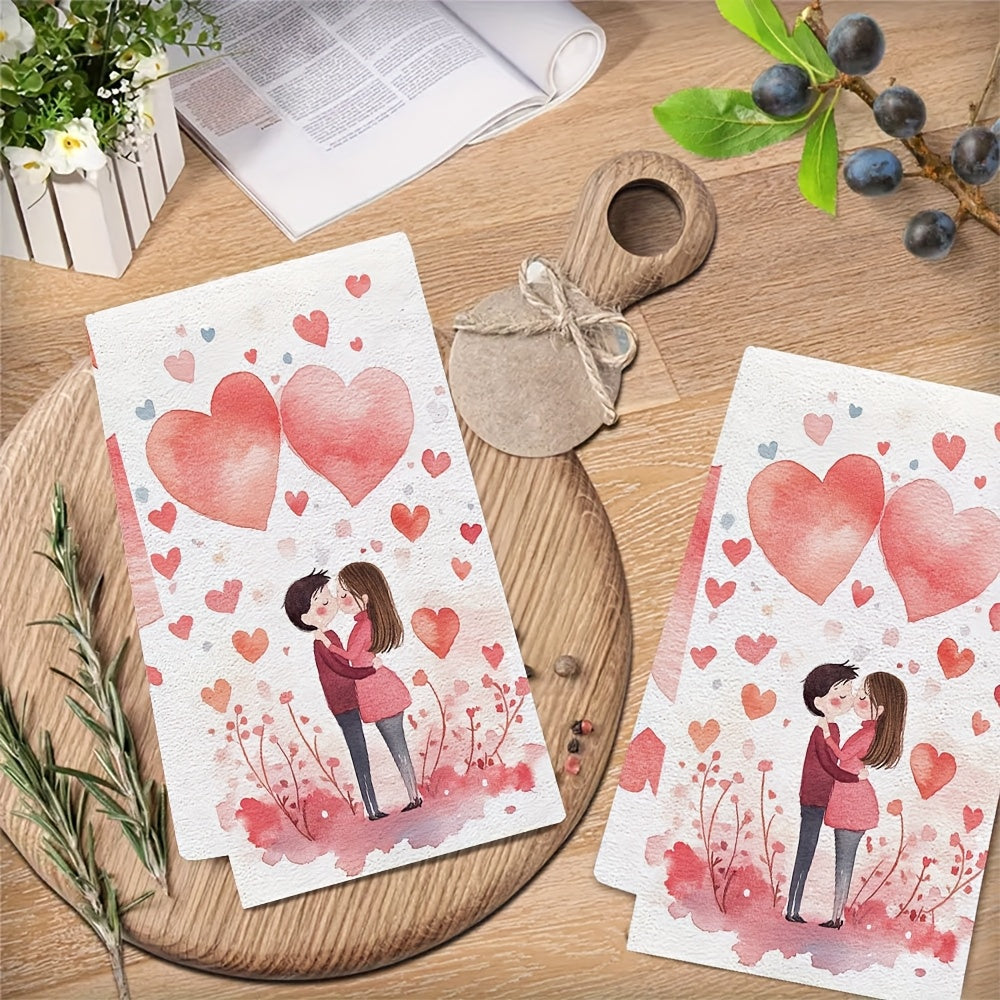 Set of 2 Ultra Soft Valentine's Day Kitchen Towels featuring Romantic Embrace Design, with High Absorbency and Machine Washable Material. Measures 40.64x60.96 cm, Ideal for Holiday Decoration and Kitchen Use