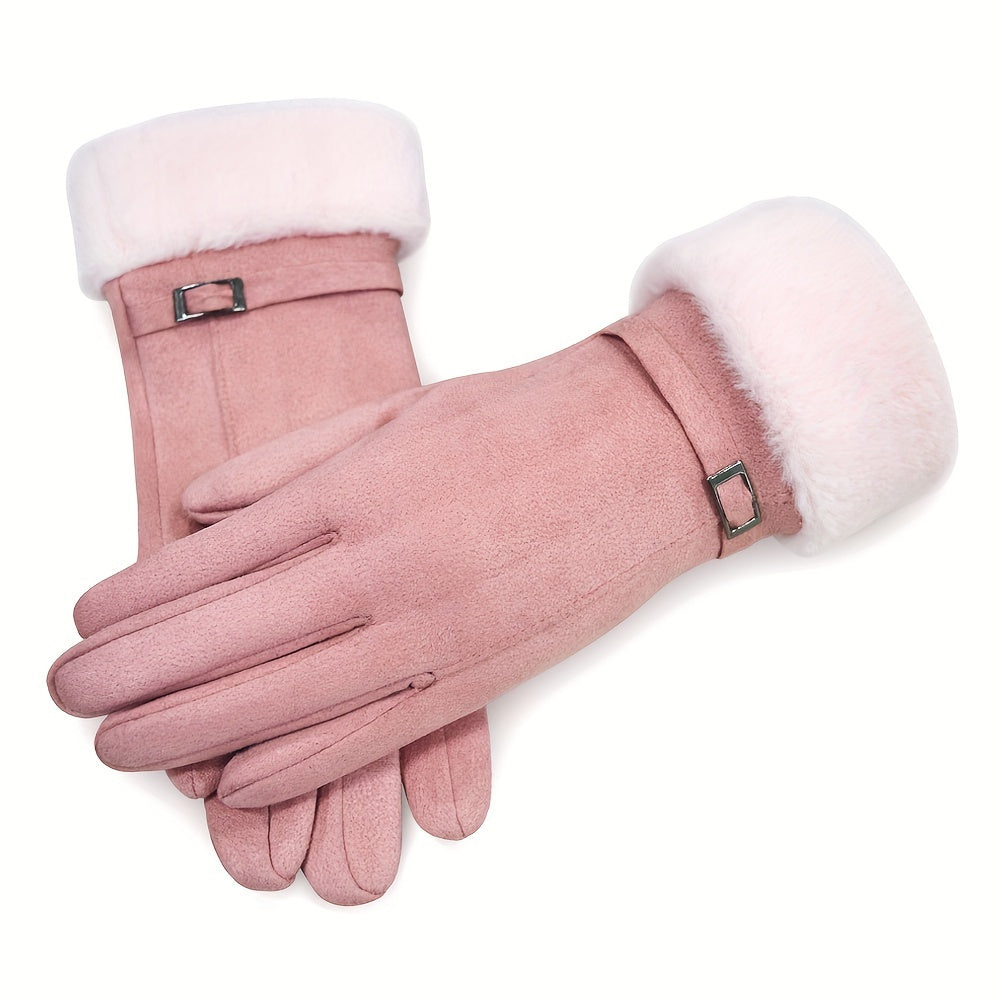 Winter gloves for women that are touchscreen-compatible, made of warm suede with plush lining, featuring an elastic fit and available in multiple colors.