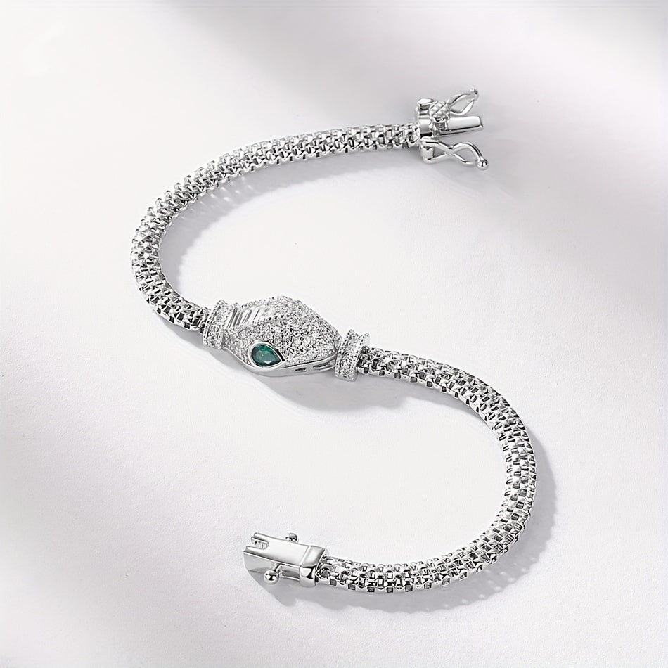 Snake Bracelet made of WES 925 Sterling Silver, Rhodium Plated for a Hip Hop Luxury Style adorned with Synthetic Zirconia Stones. This Animal Theme Jewelry is perfect for Daily and Party Wear in All Seasons.