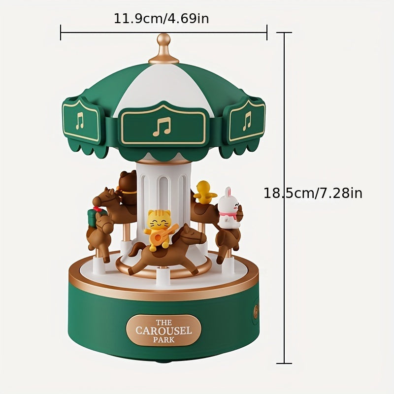 Cartoon Carousel Music Box Night Light with adjustable lighting and push button control, rechargeable via USB. Perfect for home decor and gifting.