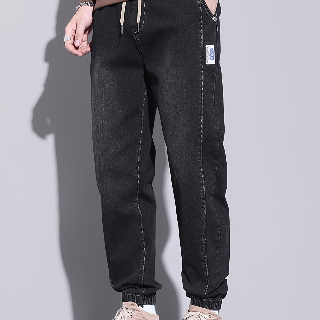 Men's Solid Color Denim Jogger Pants in a casual cotton blend with stretchy fabric, slim fit, washed out look, mid-waist with rope closure, regular fit for youth fashion. Suitable for all