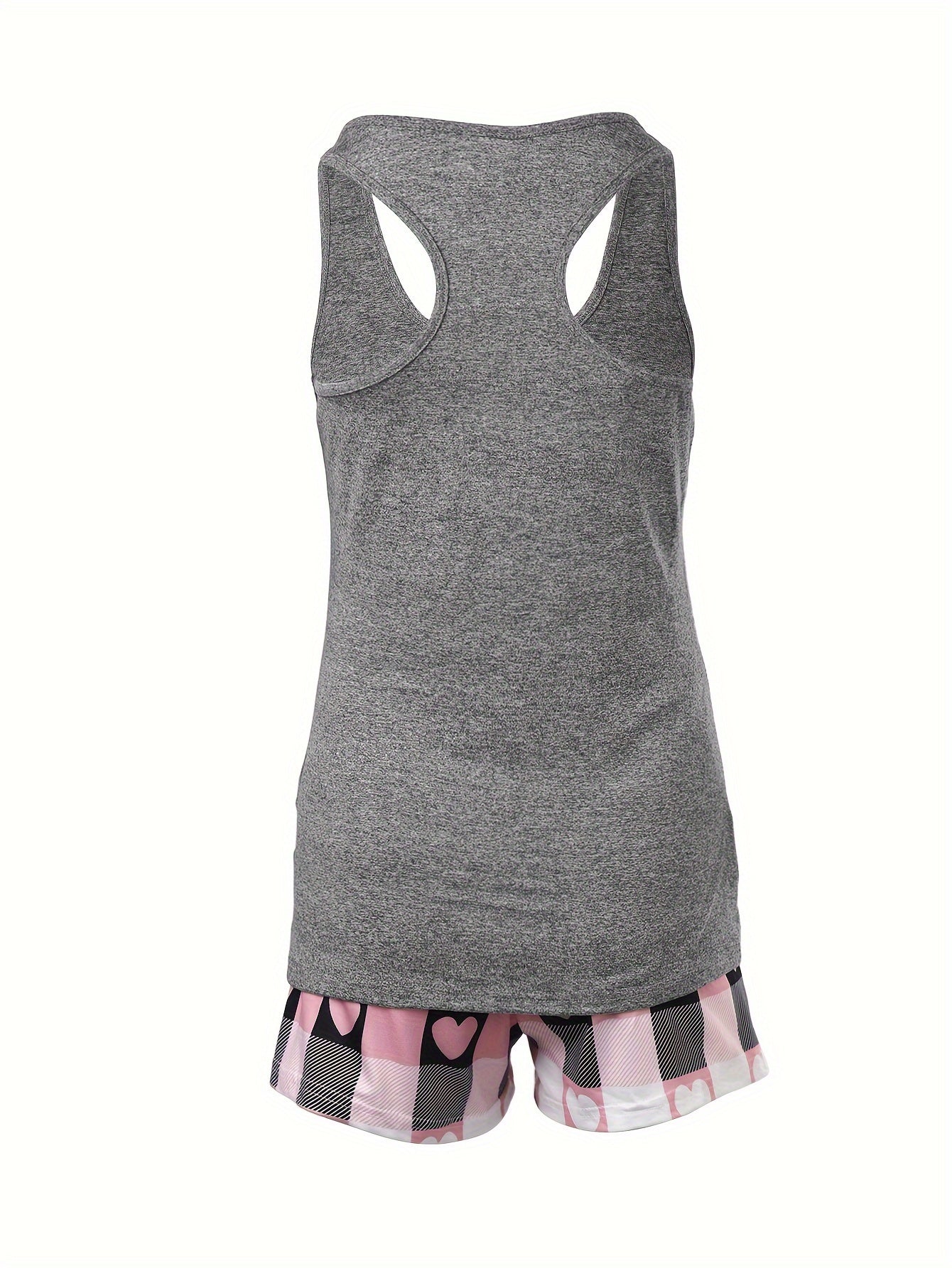 Heart and letter print pajama set including crew neck tank top and drawstring shorts for women's loungewear.