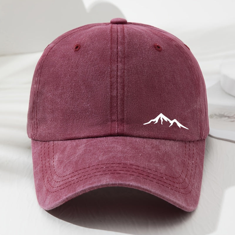 Retro baseball cap with mountain view print, soft top dad's hat, sun protection, ideal for sports, fishing, picnic, and camping.