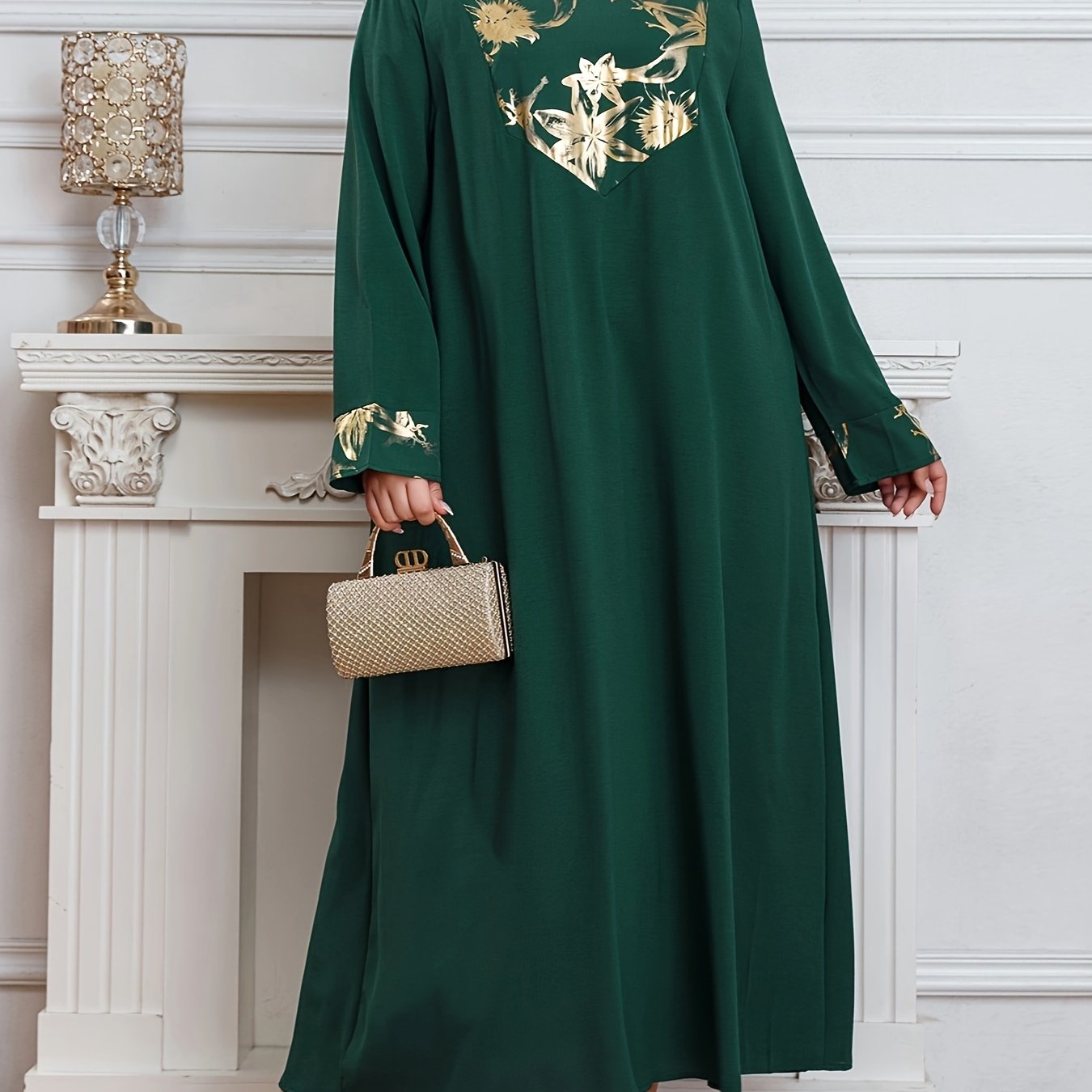 Elegant Plus Size Tunic Dress in Middle Eastern Style, 100% Polyester, Crew Neck with Random Print.