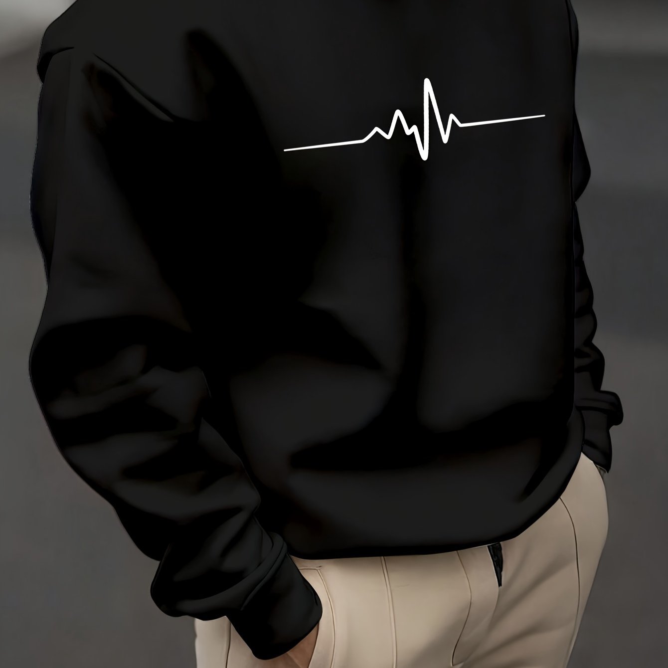 Men's long sleeve crew neck sweatshirt with ECG pattern print, perfect for spring and autumn outdoor sports.