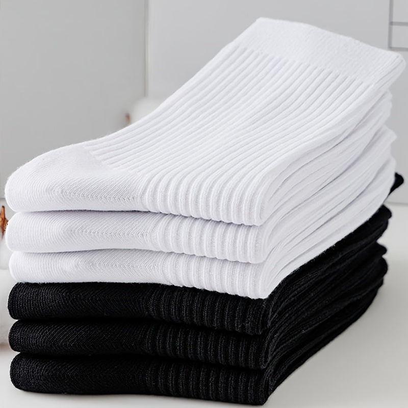 6 pairs of men's black and white thickened mid-tube socks for autumn and winter.