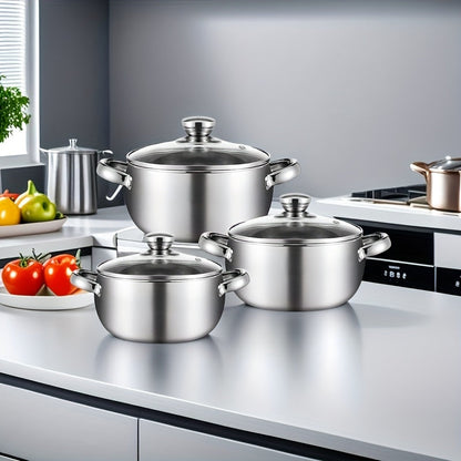 Three-piece kitchen cooking pot set made of stainless steel, including a stockpot, a pearl pot, and a hot pot, all perfect for holiday promotions.