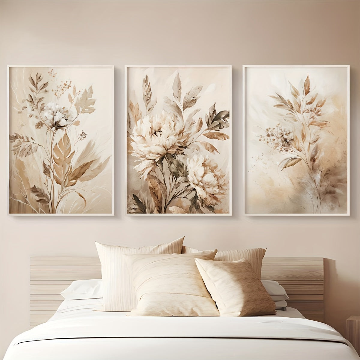 Set of 3 frameless floral canvas prints, perfect for home or office wall decor.