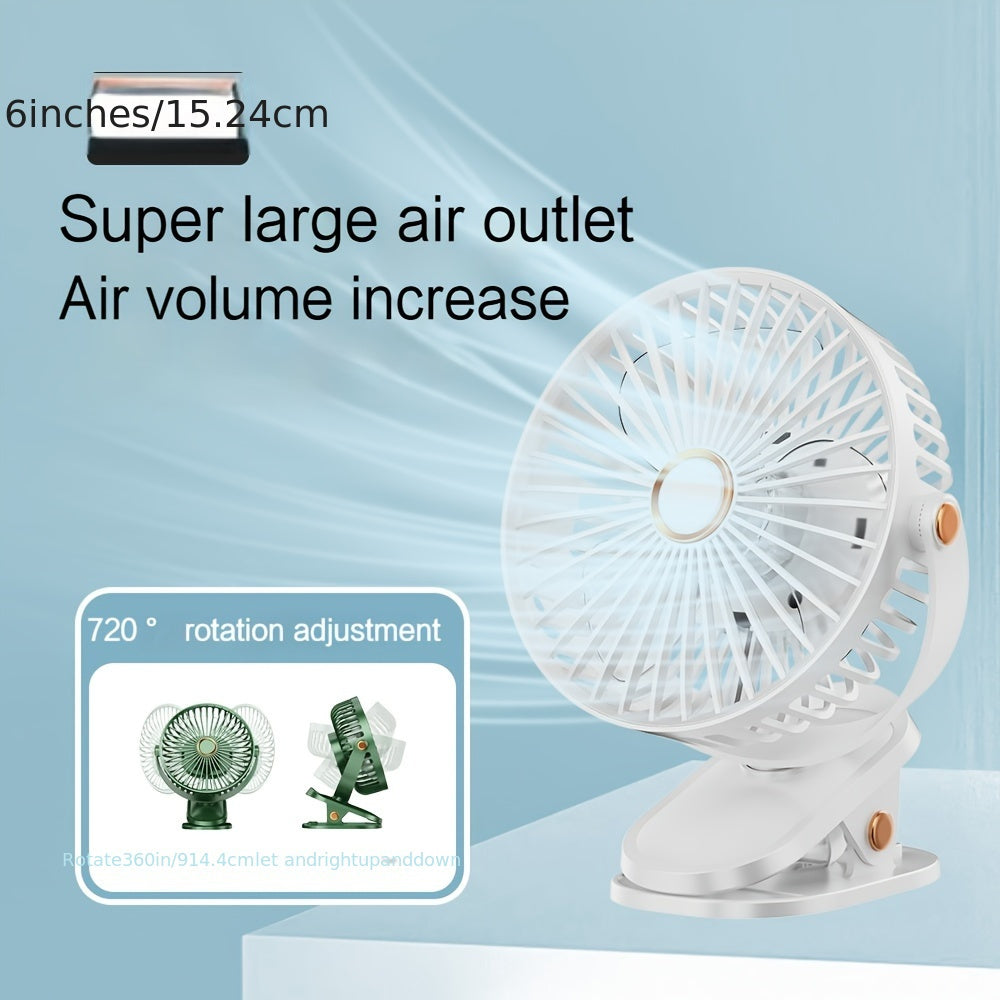 Portable silent desktop fan featuring powerful wind, energy-efficient biomimetic fan blades, five-speed wind adjustment, built-in battery with long-lasting USB charging, 720-degree adjustable air supply, and a 6-inch extra-large air outlet.