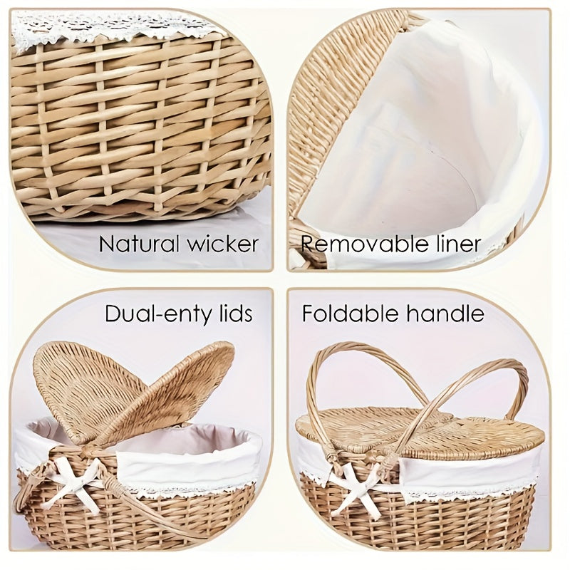 Wicker picnic basket with lid, insulated net, outdoor storage for garden & lawn, wooden frame, ideal for picnics & gardening.