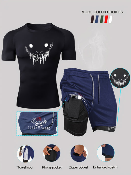 Men's 2-piece sportswear set: Quick-dry compression t-shirt with print design and crew neck, paired with multi-pocket running shorts made of breathable knit fabric.