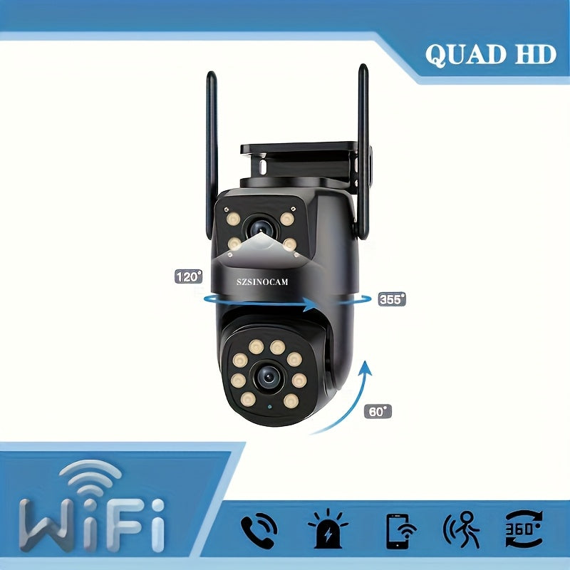 Outdoor surveillance system with HD dual lens WiFi camera featuring pan/tilt, night vision, motion alerts, two-way audio, USB power, and app control.