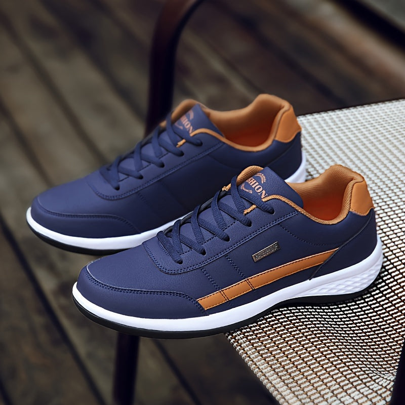 Men's road running shoes in navy blue with orange accents, lace-up style, featuring fabric lining, PU upper, EVA insole, and MD sole for durability and comfort, suitable for casual attire.