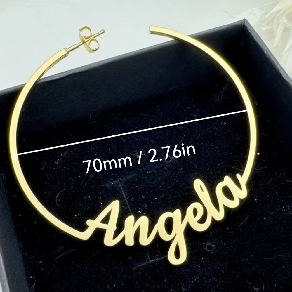 Engraved Stainless Steel Hoop Earrings with Custom Name - Boho-Chic Design, Ideal for Mom & Special Events, Unique Gift Option, Pendant Earrings, Bohemian Flair, Elegant Finish, Festive Touch.