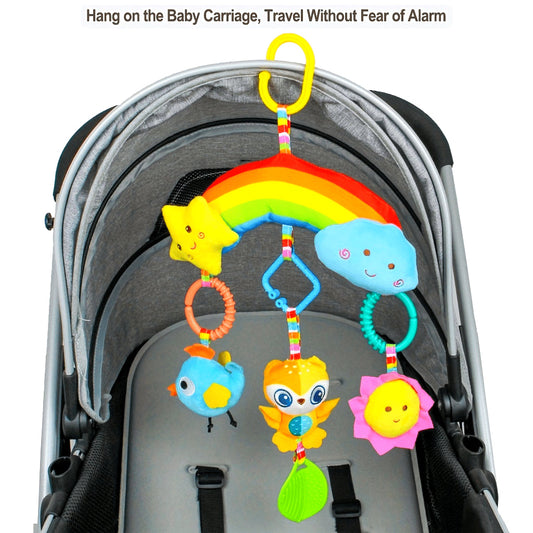 Colorful plush toy car hanging bed bell with rainbow design for soothing, creative car hanging bed decoration. Cute cartoon characters and rocking bed bell for a calming and playful touch.