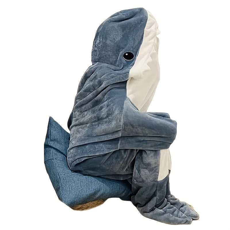 Thickened and warm 1pc Shark Loungewear Pajamas that transform into a multifunctional blanket, perfect for wearing at home or as a cozy sleeping bag with a fun cartoon shark design.