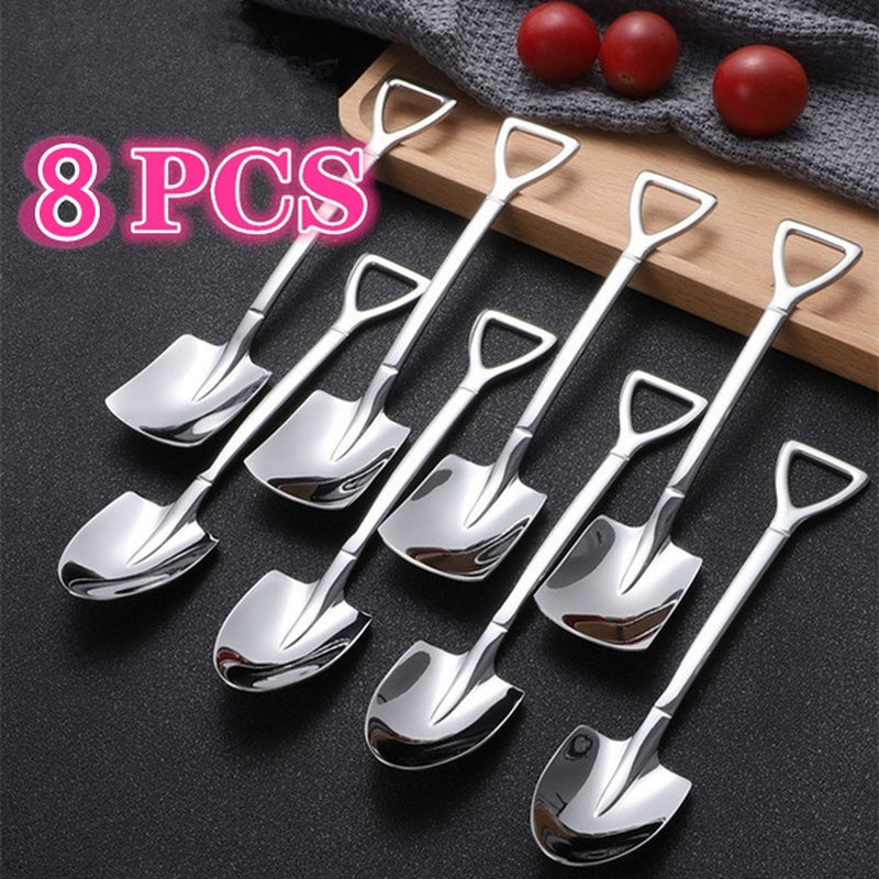 Set of 8 Stainless Steel Coffee & Ice Cream Spoons - Unique Shovel-Shaped Design with Comfortable Handles, Ideal for Events and Celebrations