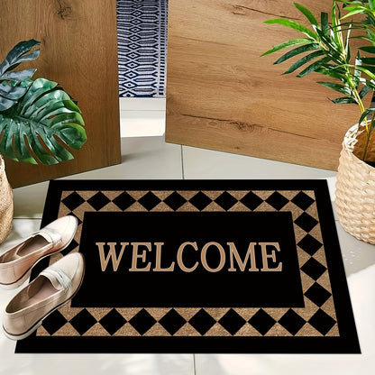 Modern fashion welcome doormat with machine washable, non-slip, and durable features. Made from 100% polyester for soft comfort. Perfect for entryway home decor.