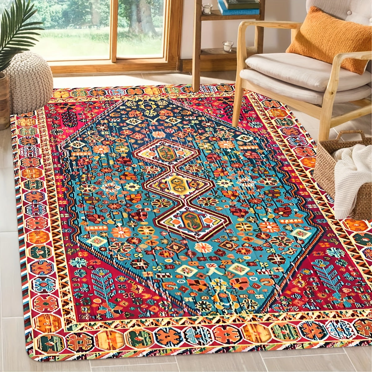 Persian-inspired area rug with Bohemian chic design - Easy to clean, durable, perfect for living room and bedroom styling