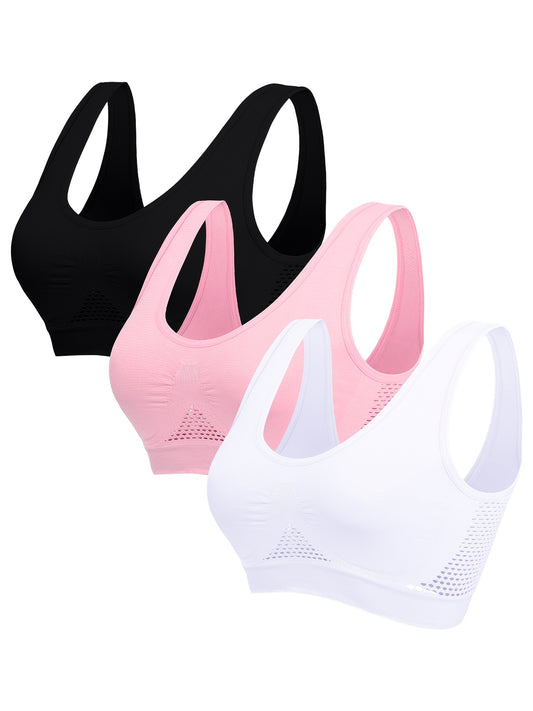 3 High-Support Women's Sports Bras for Running and Yoga - Breathable, Wire-Free, Hollow-Out Design